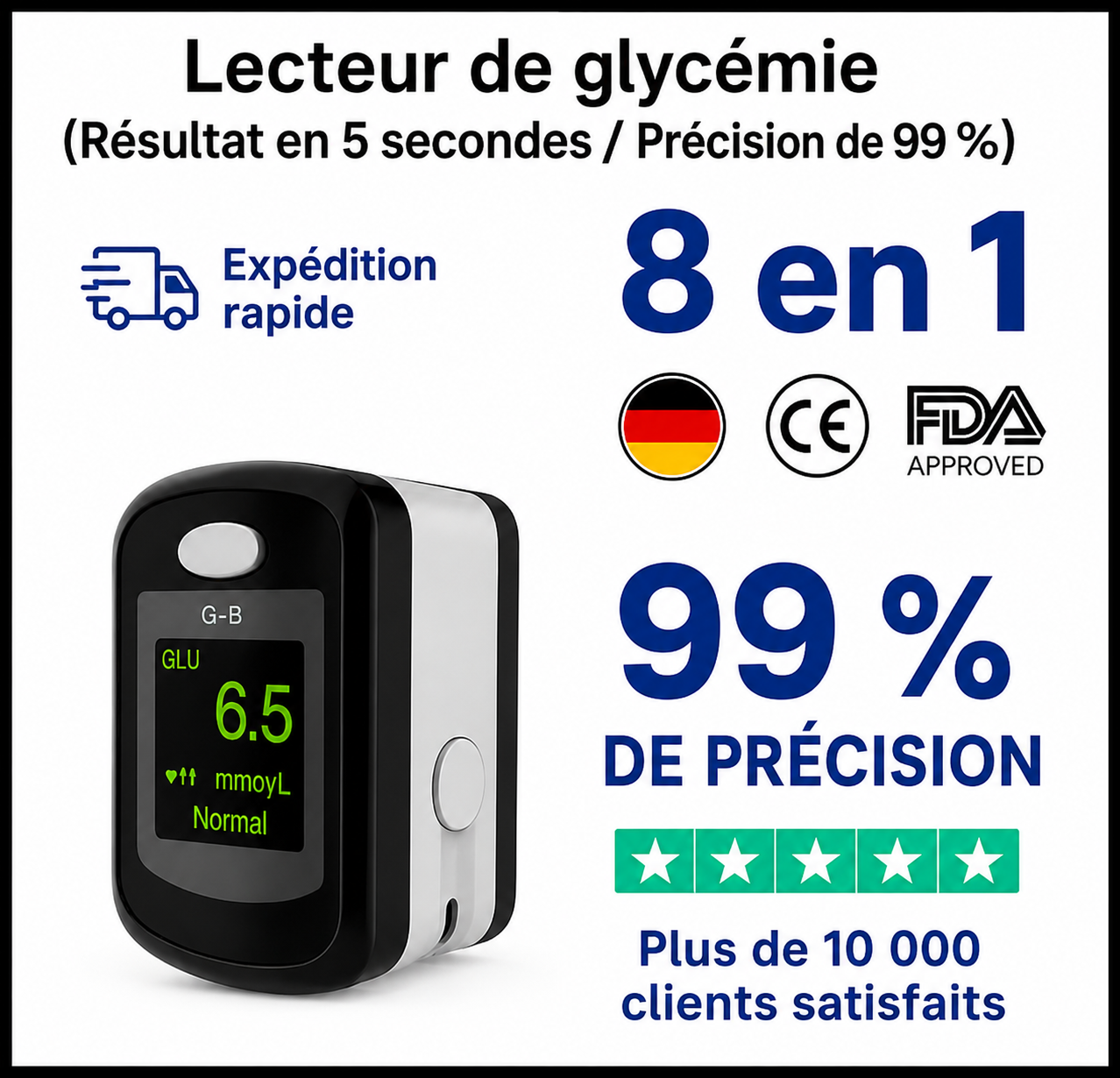 Moniteur de Glycémie Non Invasif — Résultat en 5 Secondes | 99 % de Précision | Technologie 8-en-1