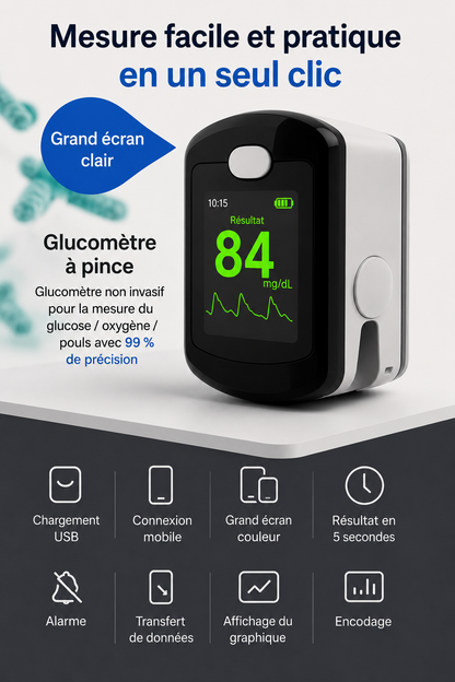 Moniteur de Glycémie Non Invasif — Résultat en 5 Secondes | 99 % de Précision | Technologie 8-en-1